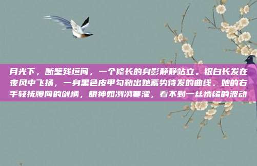 月光下，断壁残垣间，一个修长的身影静静站立。银白长发在夜风中飞扬，一身黑色皮甲勾勒出她蓄势待发的曲线。她的右手轻抚腰间的剑柄，眼神如冽冽寒潭，看不到一丝情绪的波动