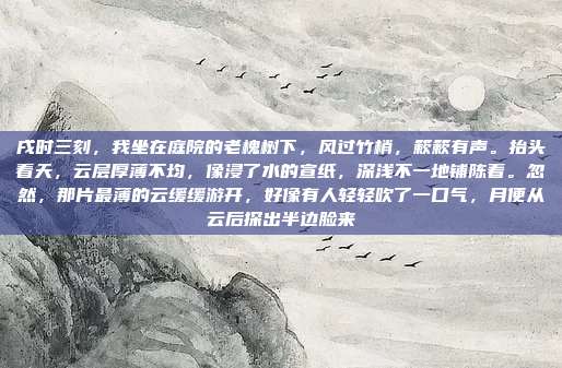 戌时三刻，我坐在庭院的老槐树下，风过竹梢，簌簌有声。抬头看天，云层厚薄不均，像浸了水的宣纸，深浅不一地铺陈着。忽然，那片最薄的云缓缓游开，好像有人轻轻吹了一口气，月便从云后探出半边脸来